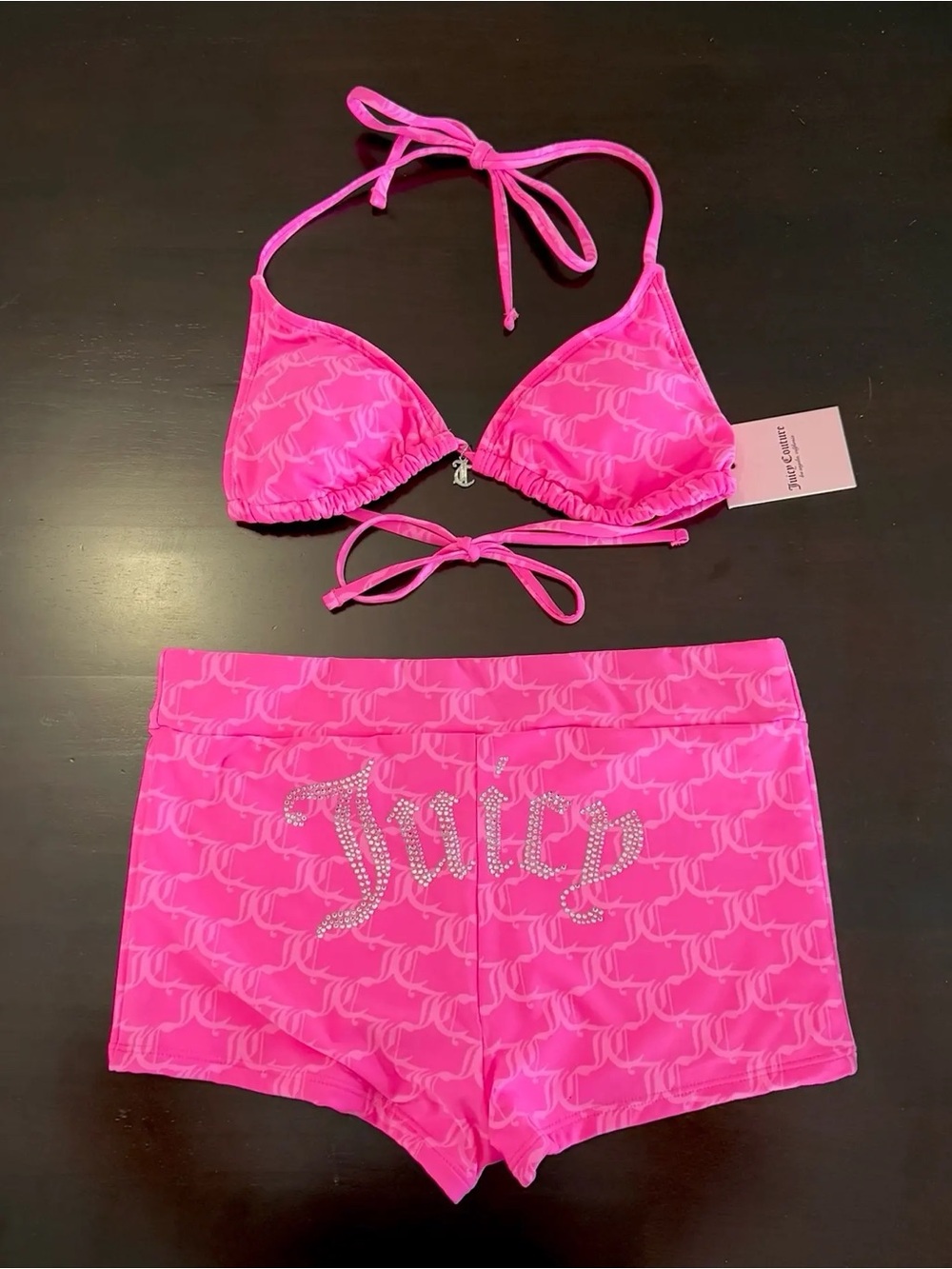 Juicy Couture Hot Pink Rhinestone Logo Bikini Set with Shorts